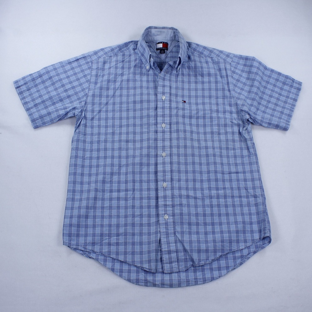 Vintage 2004 Tommy Hilfiger Men's Blue Plaid Short Sleeve Button Up Shirt Size S